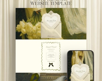 Olive Green Save the Date Wedding Website with RSVP | Editable Canva Invitation | Vintage Oil Painting
