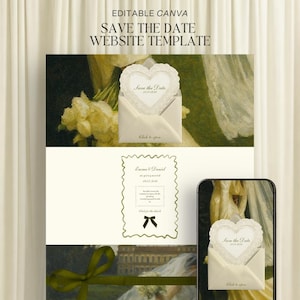 Olive Green Save the Date Wedding Website with RSVP | Editable Canva Invitation | Vintage Oil Painting