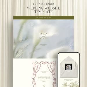 May include: An editable Canva wedding website template featuring a soft, abstract floral background with the text EMMA and DANIEL. The design includes a mobile view showing an envelope graphic, a photo placeholder, and a floral line art illustration.