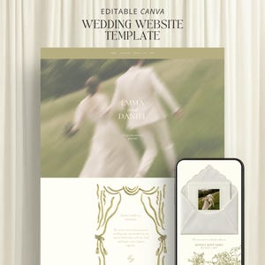 Op de afbeelding: Een bewerkbare Canva trouwwebsite-sjabloon met een wazige foto van een koppel, de tekst "EDITABLE CANVA WEDDING WEBSITE TEMPLATE", "EMMA and DANIEL", en een mobiele telefoon die een envelopafbeelding met florale lijntekeningen weergeeft.