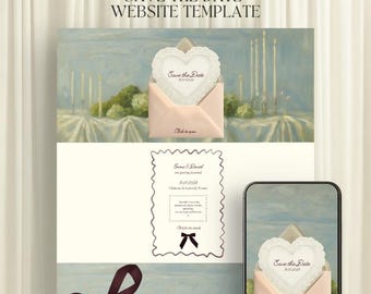 May include: An editable Canva save the date website template featuring a heart-shaped card in a pale pink envelope. The design includes a dark maroon ribbon, a scalloped-edge invitation card with text, and a smartphone displaying the same digital design.