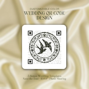 May include: A white square with a QR code design featuring two birds in a circle, with the text "CUSTOMIZABLE COLOR WEDDING QR CODE DESIGN". Additional text includes "5 Bonus Wedding Templates Save the Date RSVP Photo Sharing".