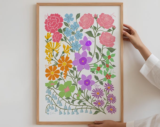 Personalized Family Birth Flower Print, Custom Birth Month Flowers, Minimalist Family Portrait, Gifts Digital Art, Mother's Day Gift for Mom
