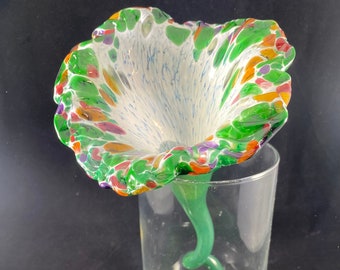 Handmade multicolored white green pink and speckled Glass Flower with Green Stem