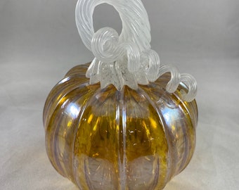 Metallic Iris Gold and White Stem Blown Glass Pumpkin