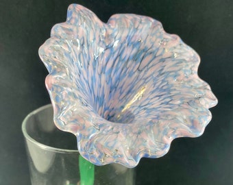 Handmade Lavender Blue and Pink Speckled Glass Flower with Green Stem