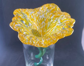 Handmade Yellow and White speckled Glass Flower with Green Stem