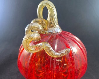 Transparent Deep Red Blown Glass Pumpkin with Iridescent Gold Curly Stem