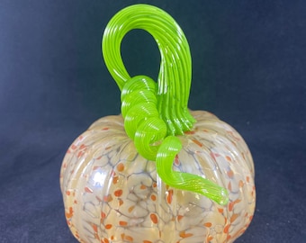 Speckled Brown and Tan Blown Glass Pumpkin With Bright Lime Green Curly Stem