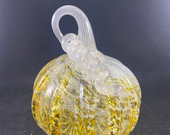 Metallic Iris Gold and White and White Stem Blown Glass Pumpkin