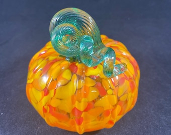 Speckled Small Orange Multicolored Blown Glass Pumpkin With Green Stem