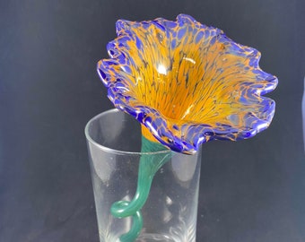 Handmade Orange and Cobalt Blue tipped speckled Glass Flower with Green Stem
