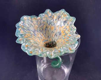 Handmade Turquoise Blue Green and Opaque Creme Orange Glass Flower with Green Stem