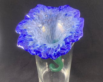 Handmade Cobalt Blue and Light Blue speckled Glass Flower with Green Stem