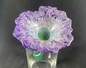 Handmade Purple and White Speckled Glass Flower with Green Stem