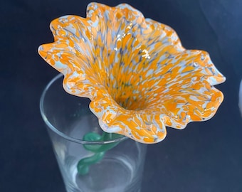 Handmade Light Celadon Blue Green and Opaque Bright Orange Glass Flower with Green Stem