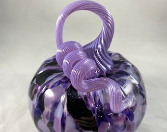 Purple Mixed Speckled Blown Glass Pumpkin with Lavender Optic Curly  Stem