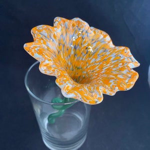 Handmade Light Celadon Blue Green and Opaque Bright Orange Glass Flower with Green Stem