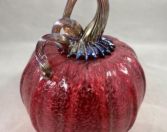 Pink transparent Blown Glass Pumpkin with Iridescent Gold Optic Curly  Stem