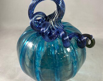 Blown Glass Pumpkin: Copper Blue With Silver Blue Curly Optic Stem