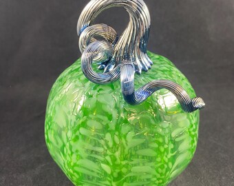 Green Speckled Blown Glass Pumpkin With Iridescent Black Silver Curly Stem