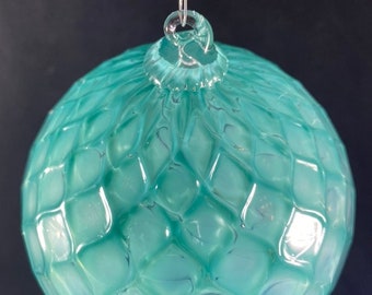 Turquoise Green Diamond Optic Patterned Hand Blown Glass Ornament