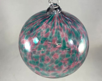 Transparent Fuchsia Pink Gold Ruby and Dark Lagoon Green Teal Speckled Hand Blown Glass Ornament