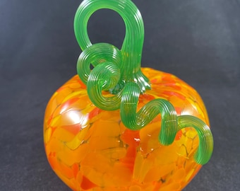 Speckled Orange Mix Multicolored Blown Glass Pumpkin With Opaque Green Stem