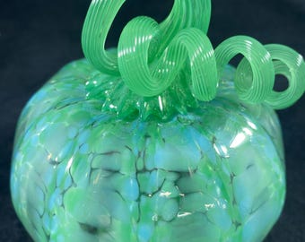 Blown Glass Pumpkin: Green Speckled with Blue Curly Stem