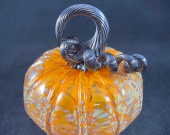 Orange and Tan Multicolored Speckled Blown Glass Pumpkin With Black Curly Stem