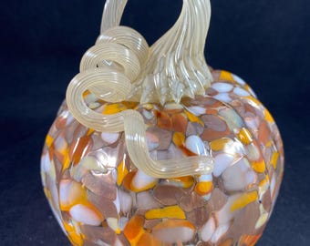 Blown Glass Pumpkin: Harvest Gold Speckled Decor with Curly Stem
