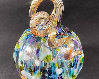 Petite Wildflower Multicolor Mix Speckled Blown Glass Pumpkin with Iridescent Gold Optic Curly Stem