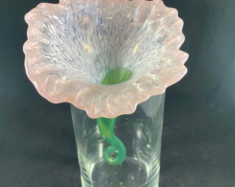 Handmade Pink Speckled Glass Flower with Green Stem