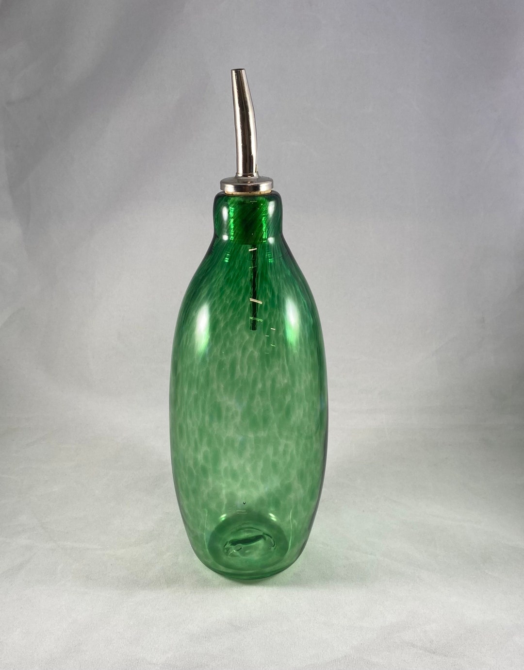 Green Speckled Hand Blown Glass Bottle With Cork Pourer // Olive Oil