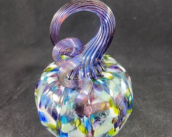 Petite Wildflower Multicolor Mix Speckled Blown Glass Pumpkin with Iridescent Purple Optic Curly Stem