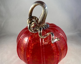 Transparent Deep Red Blown Glass Pumpkin with Iridescent Gold Optic Curly Stem