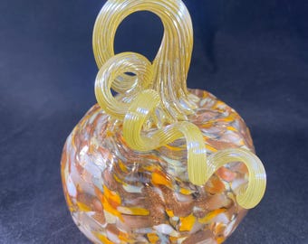 Blown Glass Pumpkin: Harvest Gold Speckled Decor with Iridescent Tan Gold Stem