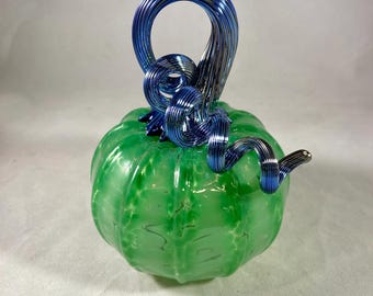 Blown Glass Pumpkin: Green Speckled With Iridescent Black Silver Curly Stem
