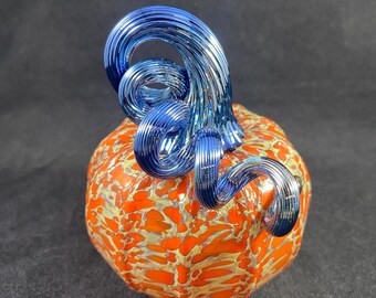 Orange Multicolored Speckled Blown Glass Pumpkin with Iridescent Blue Black Silver Optic Curly Stem