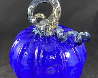Blown Glass Pumpkin: Cobalt Blue With Silver Gold Curly Optic Stem