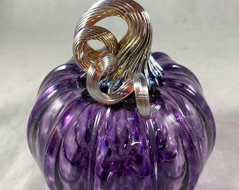 Blown Glass Pumpkin: Amethyst Purple with Iridescent Gold Optic Curly Stem