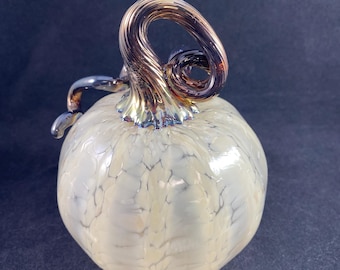 Light Beige Tan and Iridescent Stem Blown Glass Pumpkin