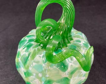 Blown Glass Pumpkin: Green Multi Speckled With Green Curly Stem