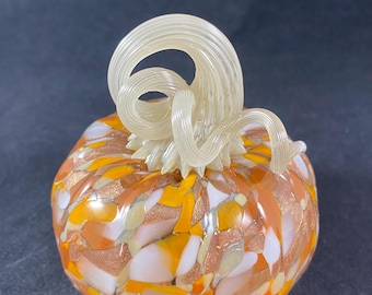 Sparkly Gold Blown Glass Pumpkin with Off-white Neutral Curly Stem