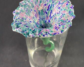 Handmade Multicolored White Purple Turquoise Speckled Cobalt Blue  Glass Flower with Green Stem