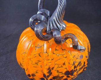 Orange and Black Speckled Blown Glass Pumpkin With Black Curly Stem