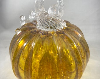 Metallic Iris Gold and Clear Stem Blown Glass Pumpkin