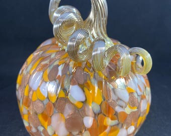 Blown Glass Pumpkin: Harvest Gold Speckled Decor with Iridescent Stem