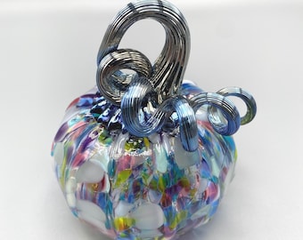 Speckled Wildflower Glass Pumpkin: Iridescent Curly Stem, Fall Decor
