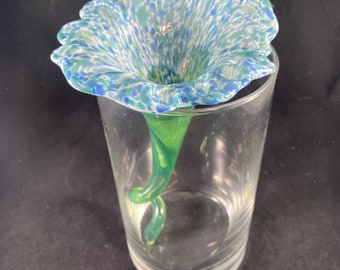 Handmade Light Green Turquoise and Blue speckled Glass Flower with Green Stem